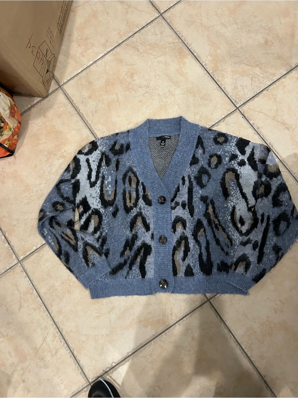 Aqua Blue Leopard-Print V-Neck Button Cardigan